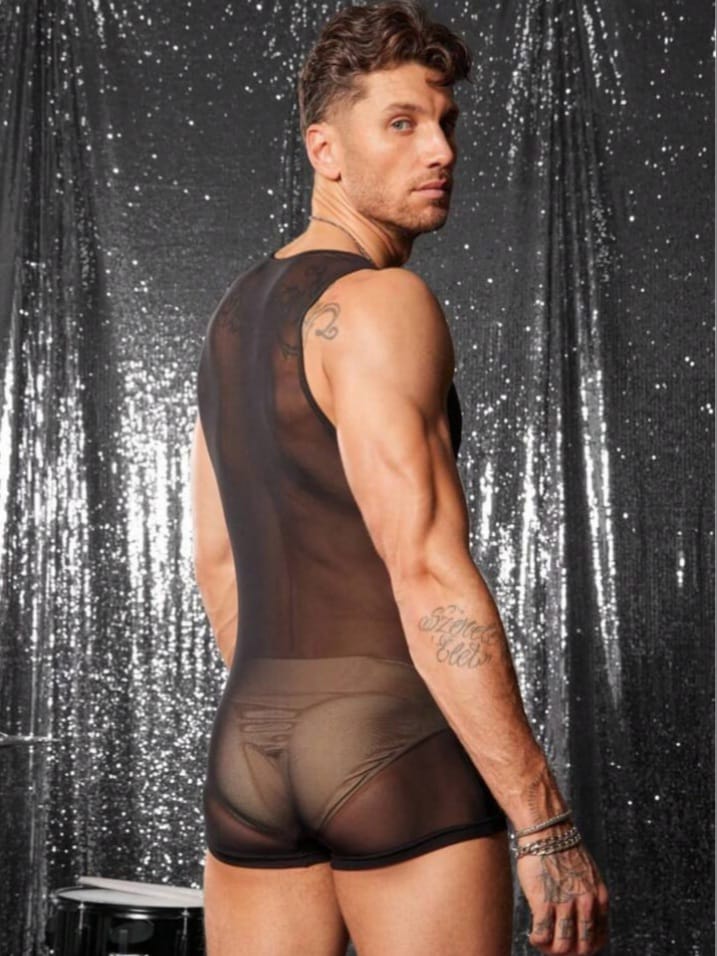 Men's Sexy See-Through Mesh Suspender Romper